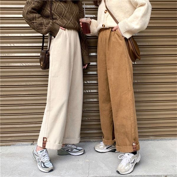 Jmprs marrom veludo grosso perna larga calça coreano moda bege calças femininas oversize cintura alta inverno calças soltas 220226