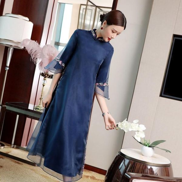

casual dresses autumn original chinese style embroidered big size slim loosen literary dress for women, Black;gray