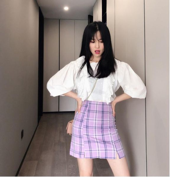 

skirts women preppy style green purple plaid shorts summer high waist slit plaided culotte slim mini skirt super size, Black