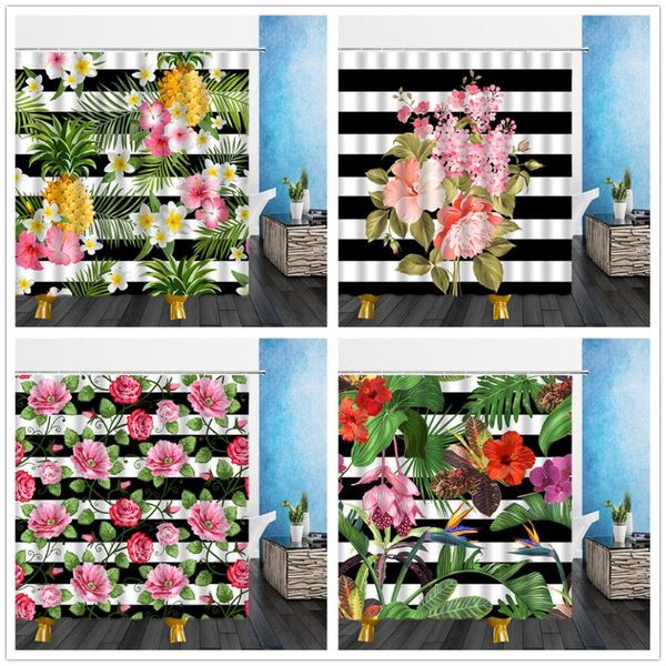 

flowers shower curtains black white stripe green leaf red flamingo 3d bathroom home decor waterproof polyester cloth curtain