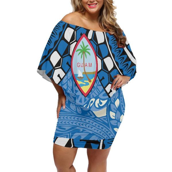 

casual dresses hawaii guam style coconut tree print ladies buttocks sky blue short dress large size off-shoulder shawl frill elegant sk, Black;gray