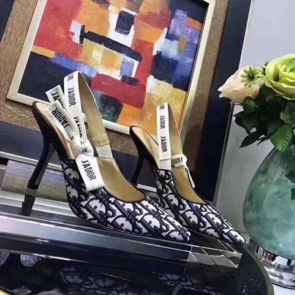 

2021 d new style pointed bow cat heel shoes fancy cloth letter ribbon high heel sandals large women's shoes, Black