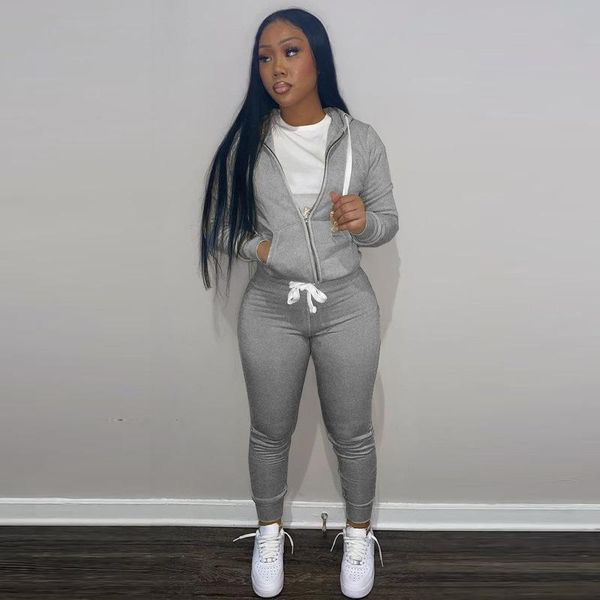 

women's two piece pants casual sets tracksuit women sporty zipper hooded long sleeve jacket+skinny workout pant suits matching set, White