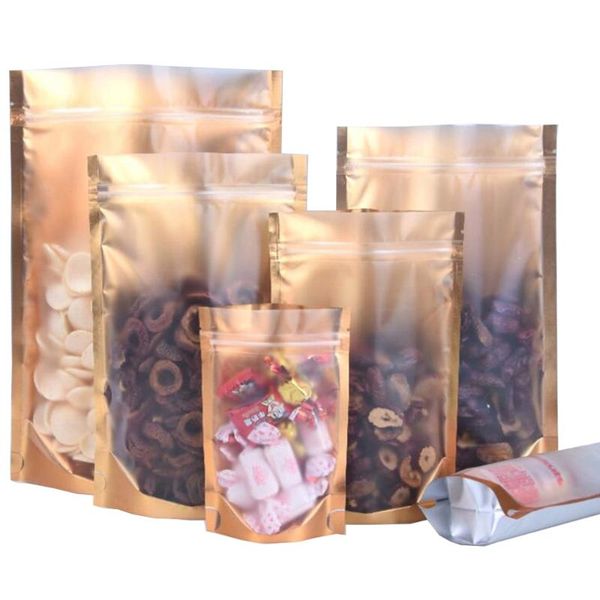 

storage bags 100pcs/lot matte mylar foil gold stand up bag zipper seal reusable food doypack reclosable candy tea pouches