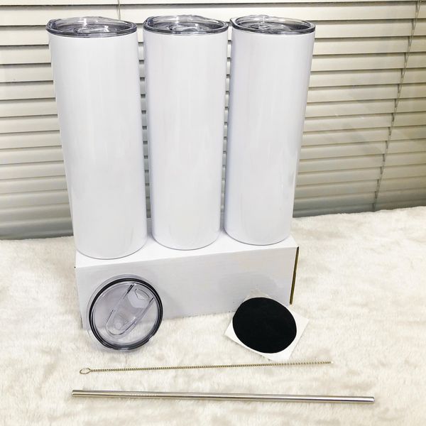 

20oz sublimation straight tumblers with steel straw rubber bottoms stainless tumbler coffee mug water bottle shiny matte cups