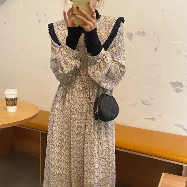 

casual dresses alien kitty 2021 women french retro floral printing loose long gentle big collar elegant chic female fashion clothe, Black;gray
