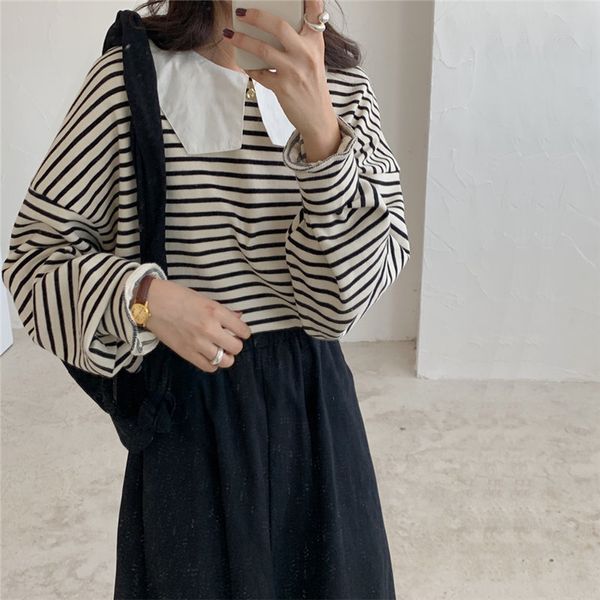 Meninas Sweet Striped Sweatshirts Algodão Mulheres Soft Streetwear Estudantes Solto Casual Suéter Feminino Outwear Tops 210421