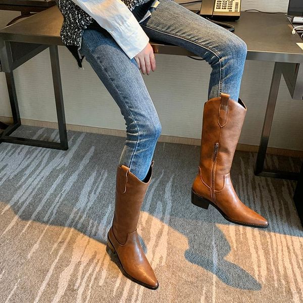 

boots mezereon cow leather thigh high pointed toe western riding equestrian white med heel fashion winter shoes with zip, Black