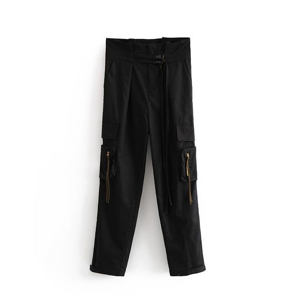 

women's pants & capris high waist street wear solid back full length cargo sashes design side pocket casual women cool style, Black;white