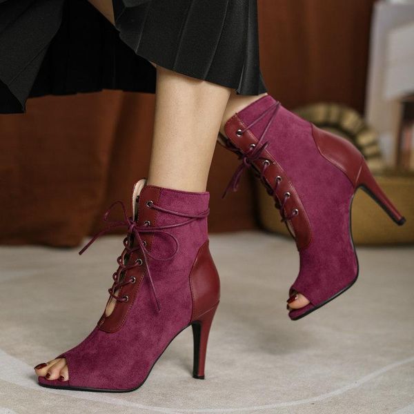 

open-toe high-heel strappy sandals women faux suede summer ankle boots thin high heel lady shoes black beige