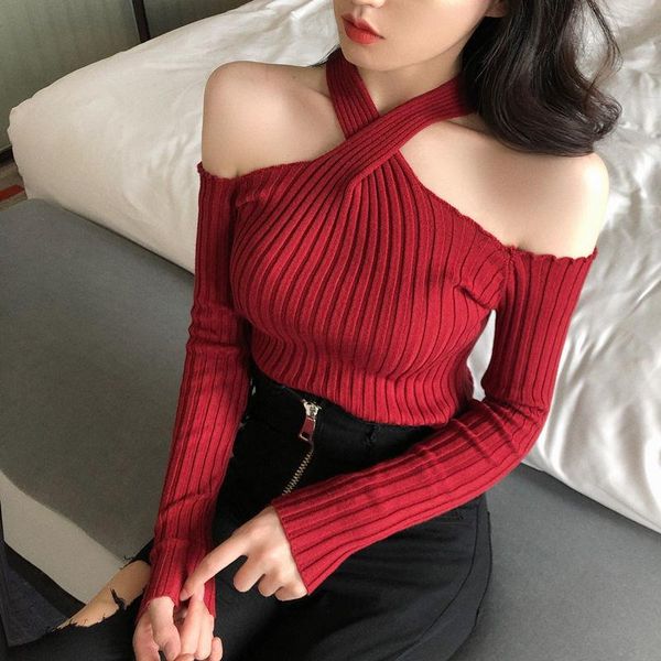 

women's sweaters cold shoulder sweater knitted pull femme long sleeve striped halter women korean jumper red pullover 2021 tunic, White;black