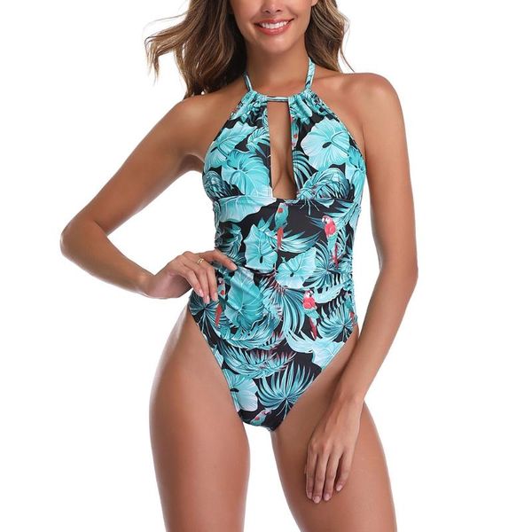

one-piece suits women bikini swimsuit halter v-neck backless ruched monokini boho floral print tummy control bathing suit