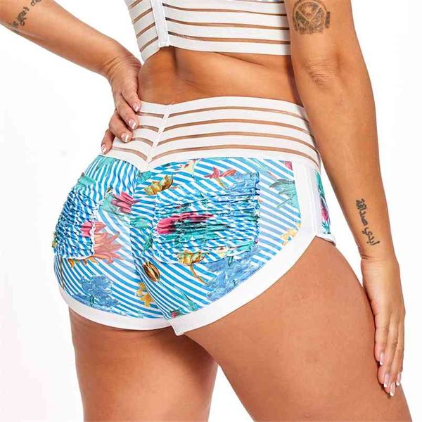 

summer lady mesh high waist floral print biker shorts women gym workout breathable black casual pocket mujer 210604, White;black