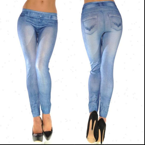 

vintage wash color denim women legging print low rise stretchy pencil pants seamless ankle length skinny fake jeans, Black