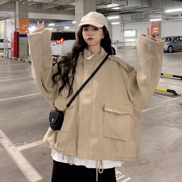 

women's jackets khaki fleece overalls autumn and winter all-matching loose korean style bf long sleeve casual top, Black;brown