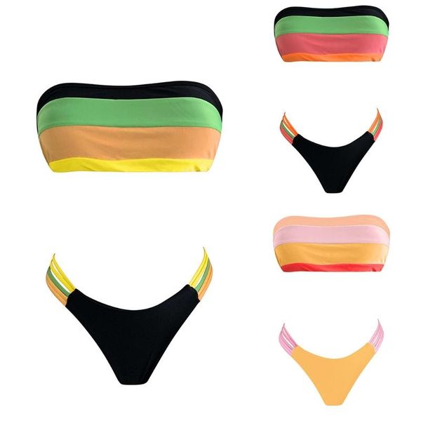 

two-piece suits women 2pcs rainbow striped print bikini set strapless bandeau tube swimsuit x5qf