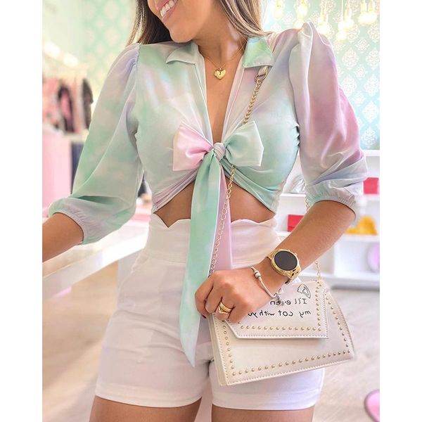 

women's blouses & shirts 2021 summer elegant fashion shirt women crop print tied front long sleeve casual blouse, White