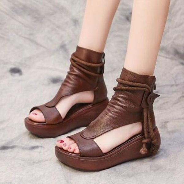 

sandals roman style summer boots women shoes leather thick sole heighten woman wedges gladiator, Black