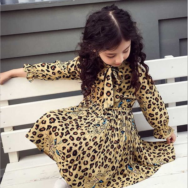 vestito dalla ragazza 2021 primavera cartone animato casual maniche lunghe stampa leopardo bambini bambini ragazze abito da principessa rosa giallo blu 2-13 anni Q0716