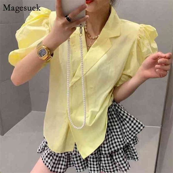 

korean sweet loose puff short sleeve women's shirts chic v neck pleated white blouse women vintage summer lady blusas 14318 210512