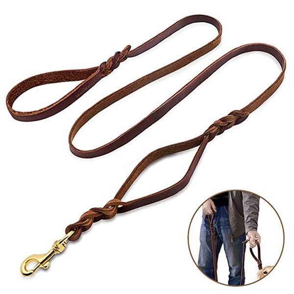 

dog collars & leashes double handles leather leash braided training soft and deluxe pet walking lead with copper hook for safe control