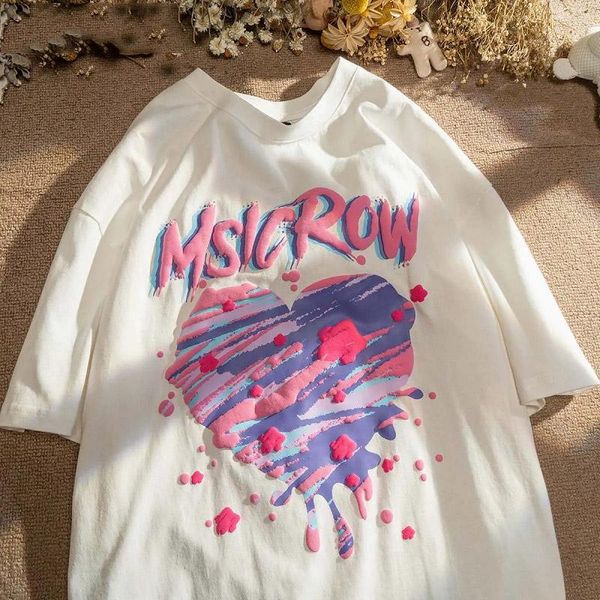 

women's t-shirt high street cotton sweet love print round neck short sleeve girls loose casual sweatshirt oversize clothes, White