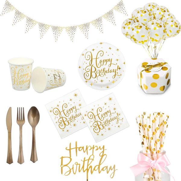 

gold happy birthday party paper plate cup napkin banner straw candy box disposable tableware wedding decoration dinnerware