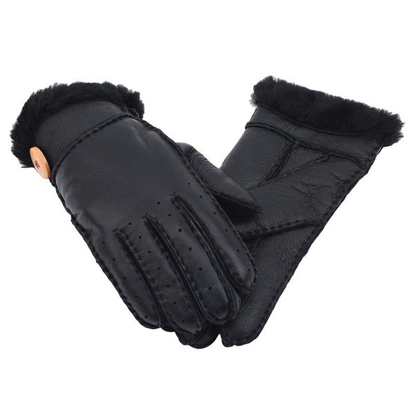 

sports gloves fur button winter thick women mitten ladies warm outdoor pu leather girls windproof, Black