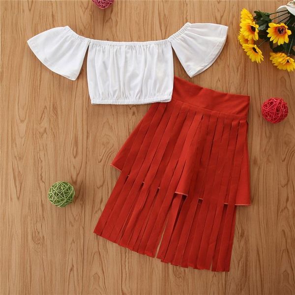 

1-6y fashion girls two-piece clothes set white solid color crop + tassel red skirt summer for clothing sets