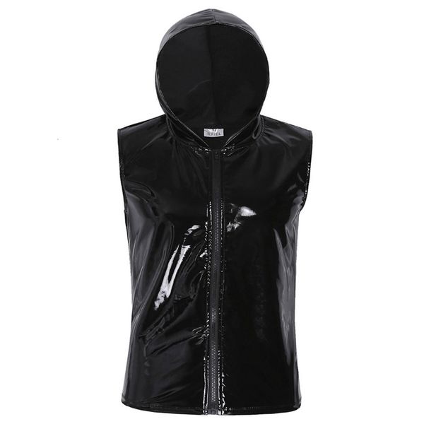

men' tank cool mens black fashion wet look patent leather sleeveless hoodie clubwear hip hop t -shirt with closure man clothing z4, White;black