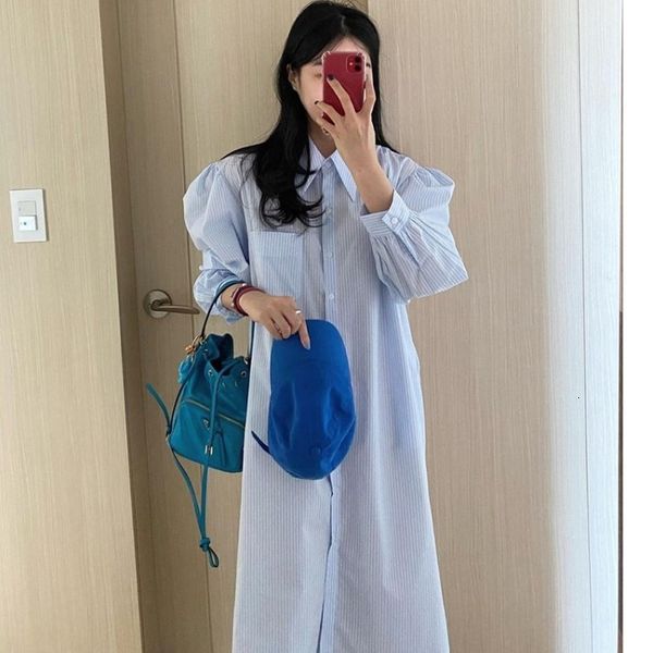 

dresses 2021 hanxin spring western blue stripe lapel single breasted loose lantern sleeve shirt dress, Black;gray