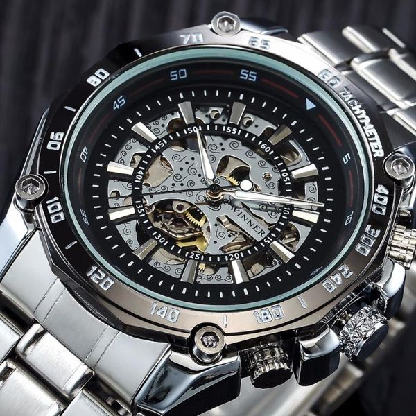 

wristwatches 2021 winner luminous brand steel men automatic mechanical watch skeleton military relogio male montre watches relojes hombre, Slivery;brown