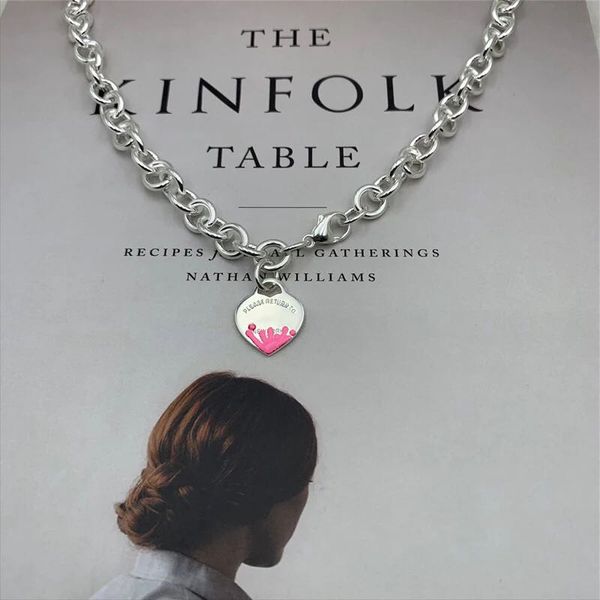 

2022 brand original jewelry designer necklace pink enamel water splash heart pendant men's and women's fashion simple high-end thi, Silver