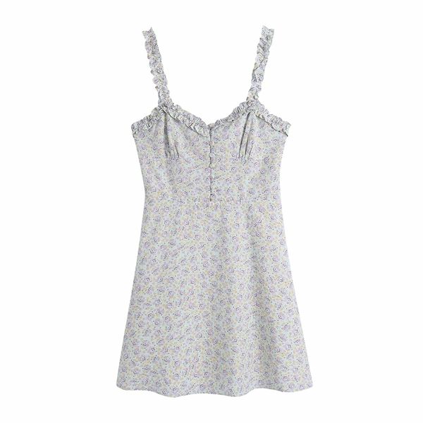 

xnwmnz za floral print slip short dresses women casual backless beach woman summer dress fashion ruffle sundresses 210513, Black;gray