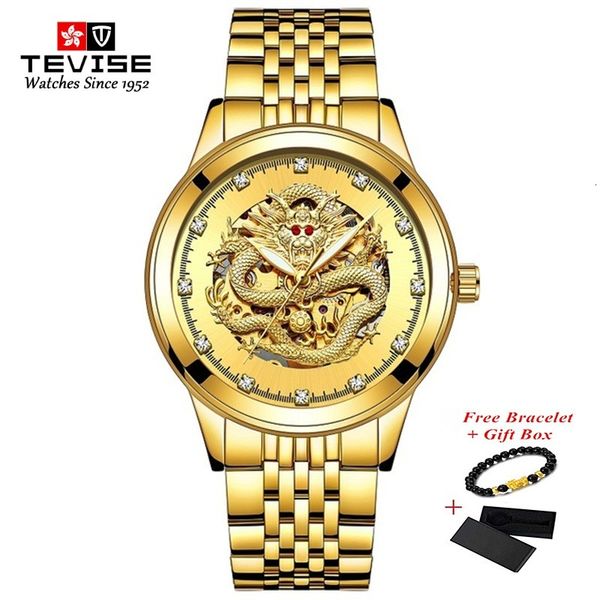 

tevis gold dragon automatic self-wind steel men watches waterproof mechanical lightning clock relogio masculino, Slivery;brown