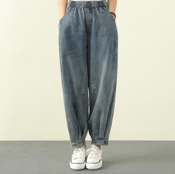 

autumn winter jeans women bleached washed ripped loose female straight pants casual wild women's, Blue