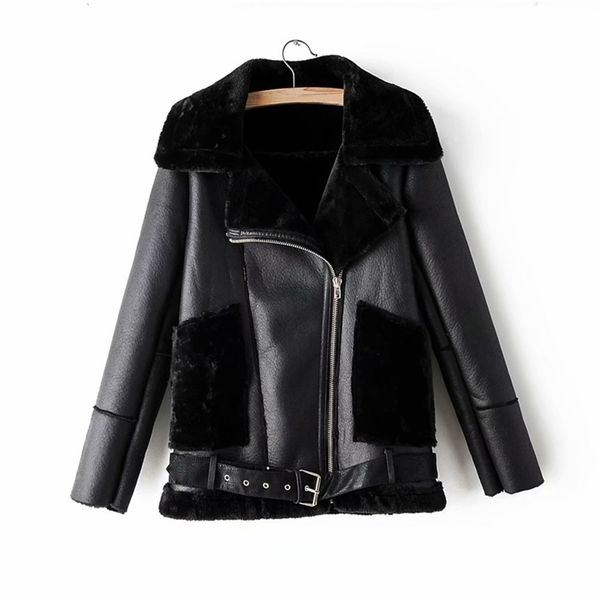 

fashion women black pu leather-clad cool lady faux lamb wool fur jacket streetwear female sashes suits moto girls 210527