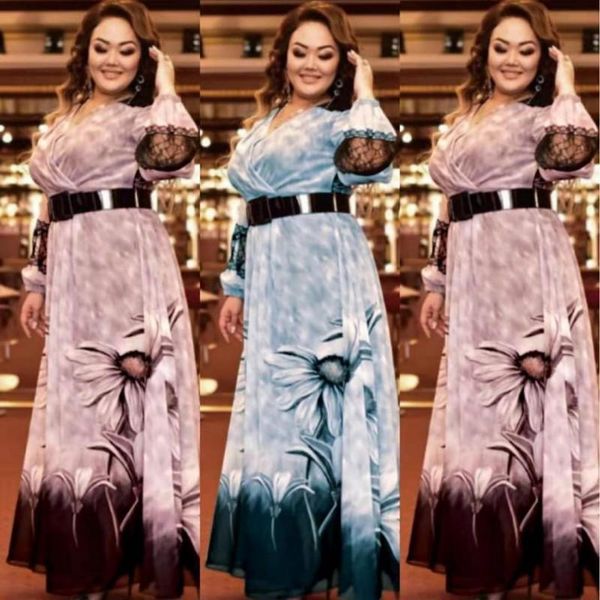 

african dresses for women plus size full sleeve lace splice v neck robes fashion floral print maxi dress party vestidos ethnic clothing, Red