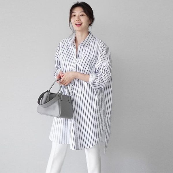 

autumn lapel stripe single breasted mid-length shirt women korean casual loose fashion blousers pd072 women's blouses & shirts, White