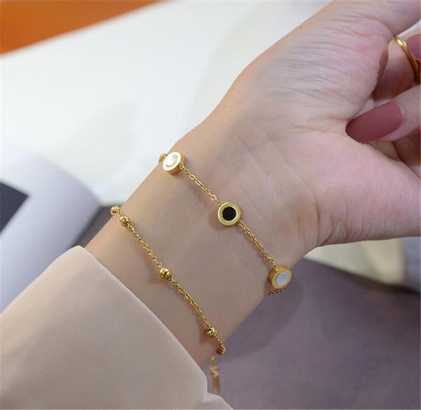 

link, chain 316l stainless steel simple black and white shell bracelet multiple round enamel pendant rose gold ladies no fade