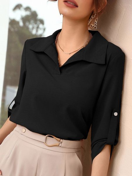 

roll-up sleeve solid blouse k1gv#, White