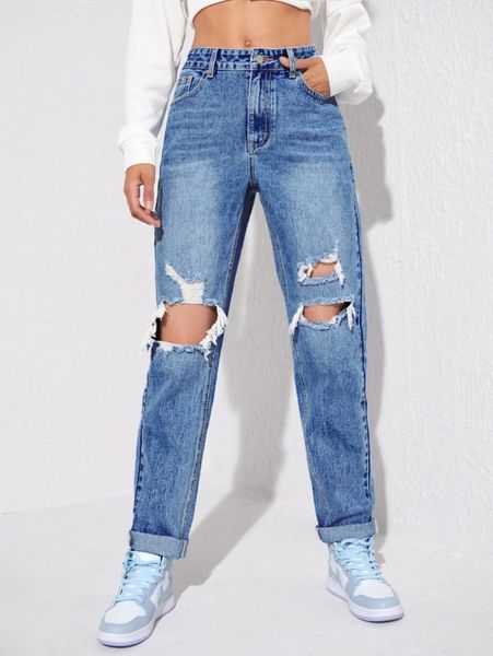 

high-waisted ripped mom jeans y2fz#, Blue