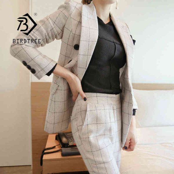 

vintage plaid women blazer suit female 2 pieces set double-breasted jacket & long pant women blazer set spring s14602x 210419, White