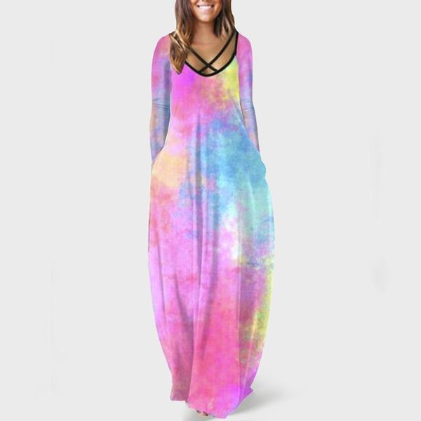 

casual dresses tie-dye print long sleeve dress women o-neck loose pocket maxi vintage autumn winter, Black;gray