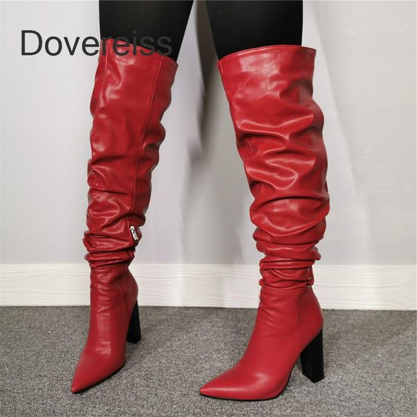 

boots dovereiss fashion women's shoes winter pointed toe pure color red ladies block heels over the knee 45 46 47, Black