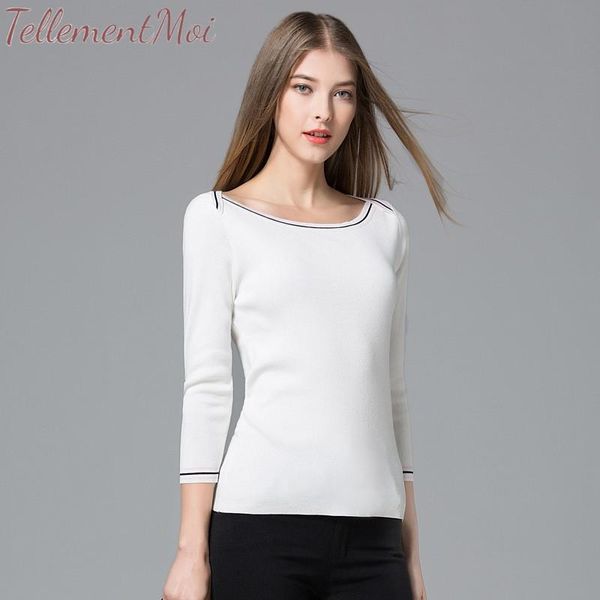 

women's sweaters 2021 spring women simple sweater long sleeve stretchy knitted pullovers slash neck contrast jumpers knit shirt clothes, White;black