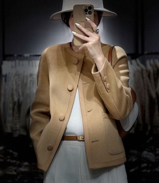 

women's wool & blends autumn and winter double-sided ni coat goddess model short round neck hepburn, Black