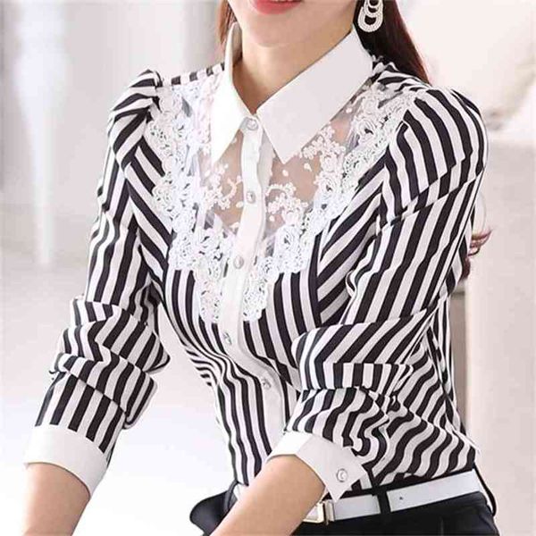 

women lace spliced embroidery ol blouses feminine slim shirt korean fashion stripe plus size 4xl 210719, White