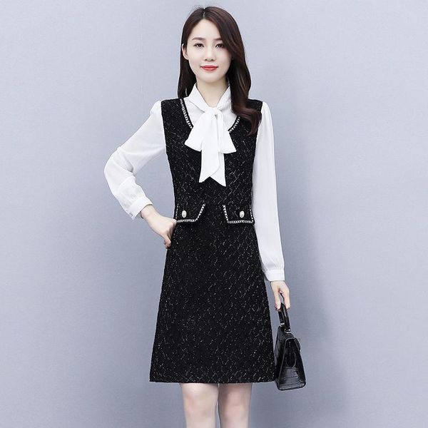 

casual dresses wtianyuw plus size autumn winter office ladies dress women chiffon patchwork bow collar plaid tassel a line vest, Black;gray