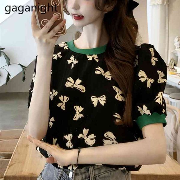 

fashion black bowknot print harajuku t shirt casual women o-neck pullover short-sleeved loose tees woman clothing 210601, White